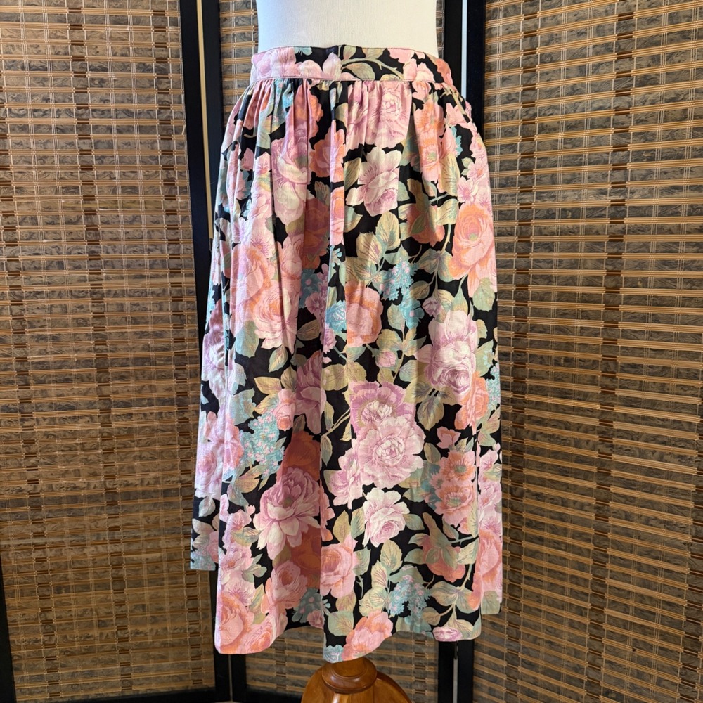 Sag Harbor Floral Skirt Women 13/14 Black Pink Vintage 90s Cotton Midi Pocket
